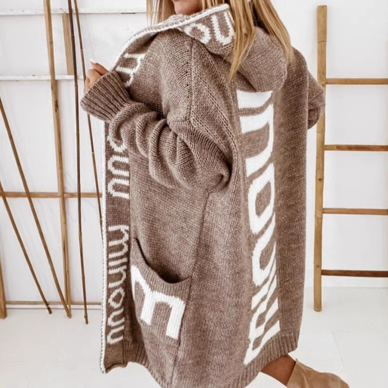 European and American Cross-Border Foreign Trade Women's Sweaters, Spring and Autumn Trendy Mid-Length Cardigans, Loose-Fitting Personalized Letter-Print Hooded Knit Jackets