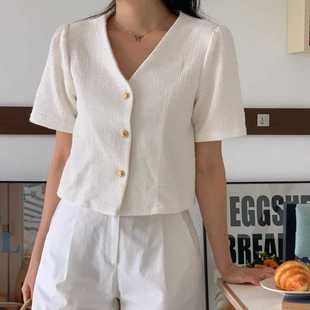 Summer French Slub Collar Chanel Style Golden Button Blouse for Women