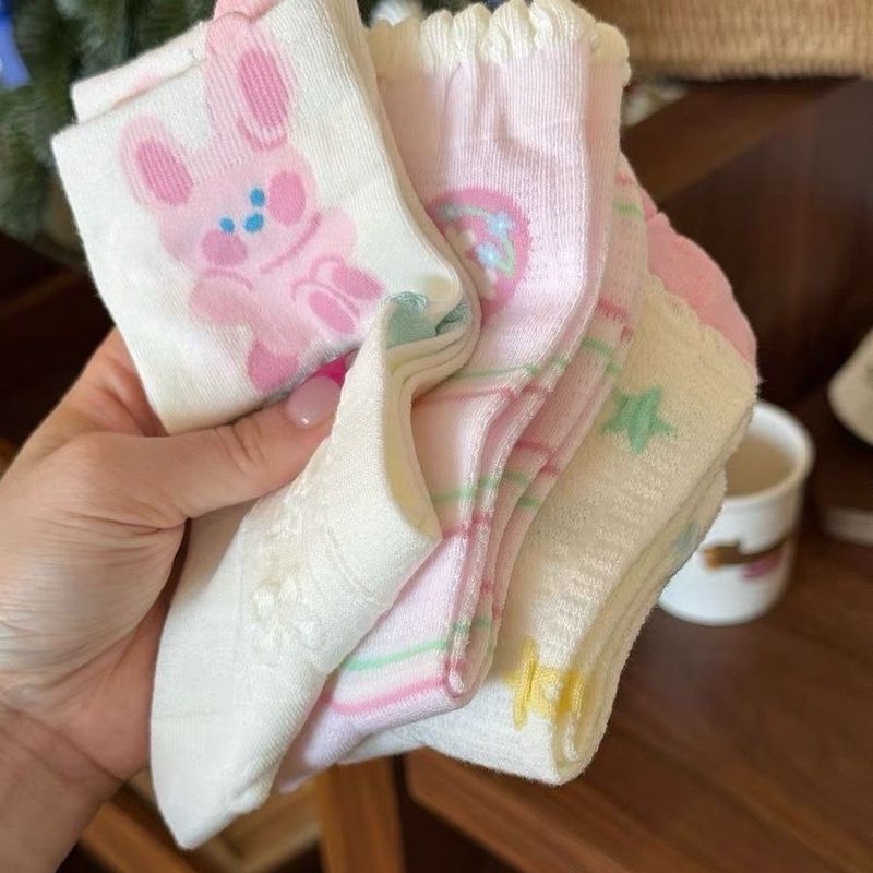 春夏薄いウサギ通気性吸汗性レースソックス女性のミッドカーフソックスピンク漫画インかわいいガーリースタイル|undefined