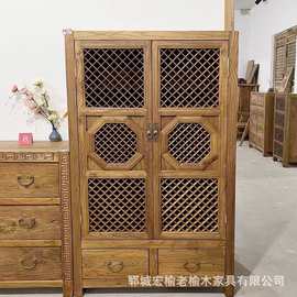 侘寂风老榆木餐边柜镂空门民宿中古收纳柜实木多层靠墙置物架