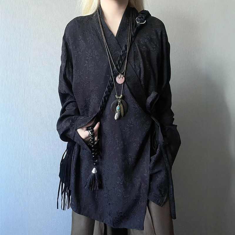 2025 New Vintage Yaoshi Yamamoto Style Flower Embroidery New Chinese Style Hanfu Taoist Robe Strap Shirt Jacket for Men