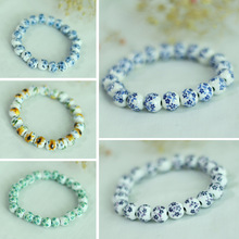 景德镇陶瓷手串批发  手工贴花串珠手链 青花梅花兰花向日葵手串