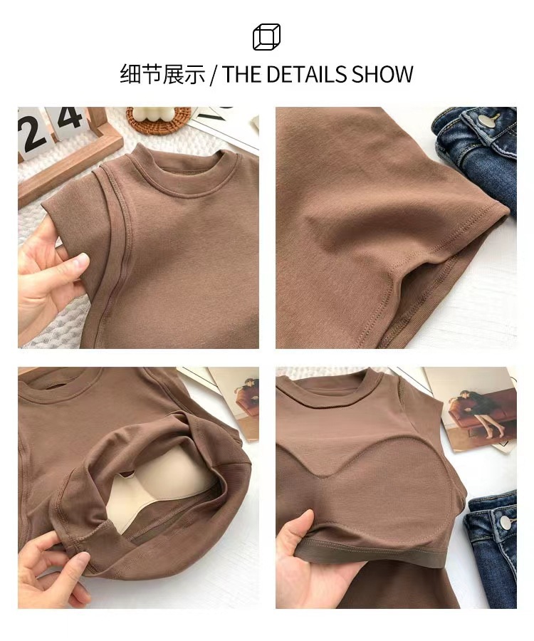 New Solid Color Wide Shoulder Tank Top for Women with Chest Pads, Small Flying Sleeves, Beautiful Back, High Collar, Inside and Outside Wear Slim Fit Short Top for Women