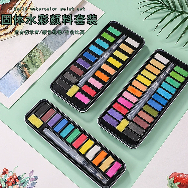 Ecological capacious art tin box, handheld set, pigment watercolour, 24 colors, for beginners, wholesale