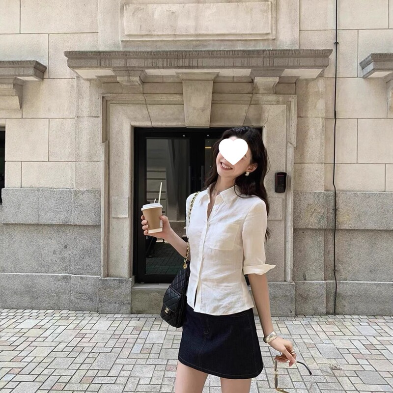 跨境白色棉麻衬衫女夏季轻薄透气修身显瘦防晒衬衣设计感中袖衣|undefined