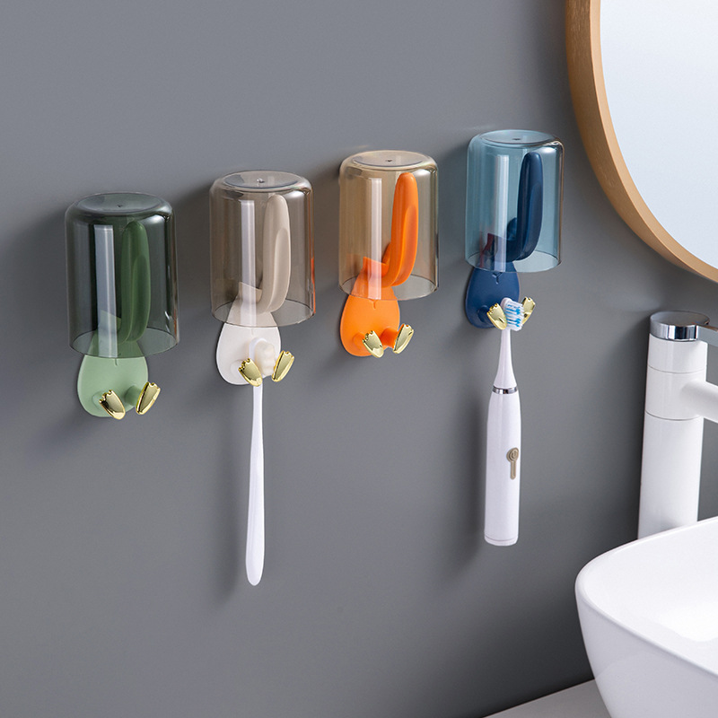 Hole-free toothbrush holder, rabbit ear style, home-use, student wall-mounted bathroom tooth and mouthwash cup storage rack