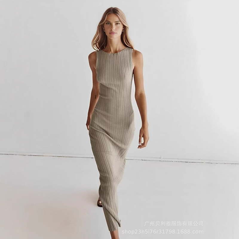 Cross-border European and American style foreign trade pit strip women's dress Amazon Joker sleeveless long straight hip one-step skirt