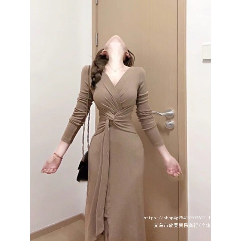 Elegant pink twisted collar long-sleeve dress for women, autumn slim-fit tie-up skirt with slit, waist-cinching, bodycon long dress