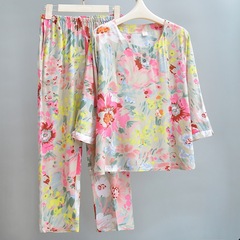 女性用綿シルクパジャマ、夏用薄手、中高年ママ、ゆったり綿シルクホーム服、七分袖お出かけスーツ