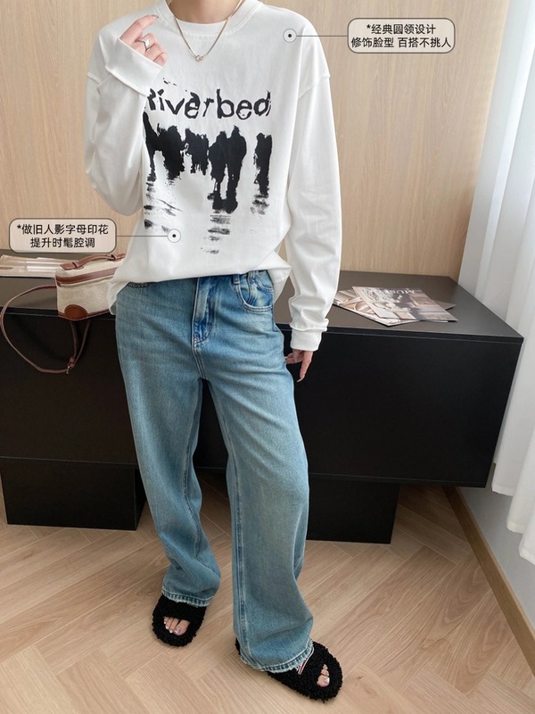 Sinan 初秋の新作アメリカンスタイルのダメージ加工ストリートレタープリントラウンドネックルーズ長袖Tシャツ SN7798|undefined