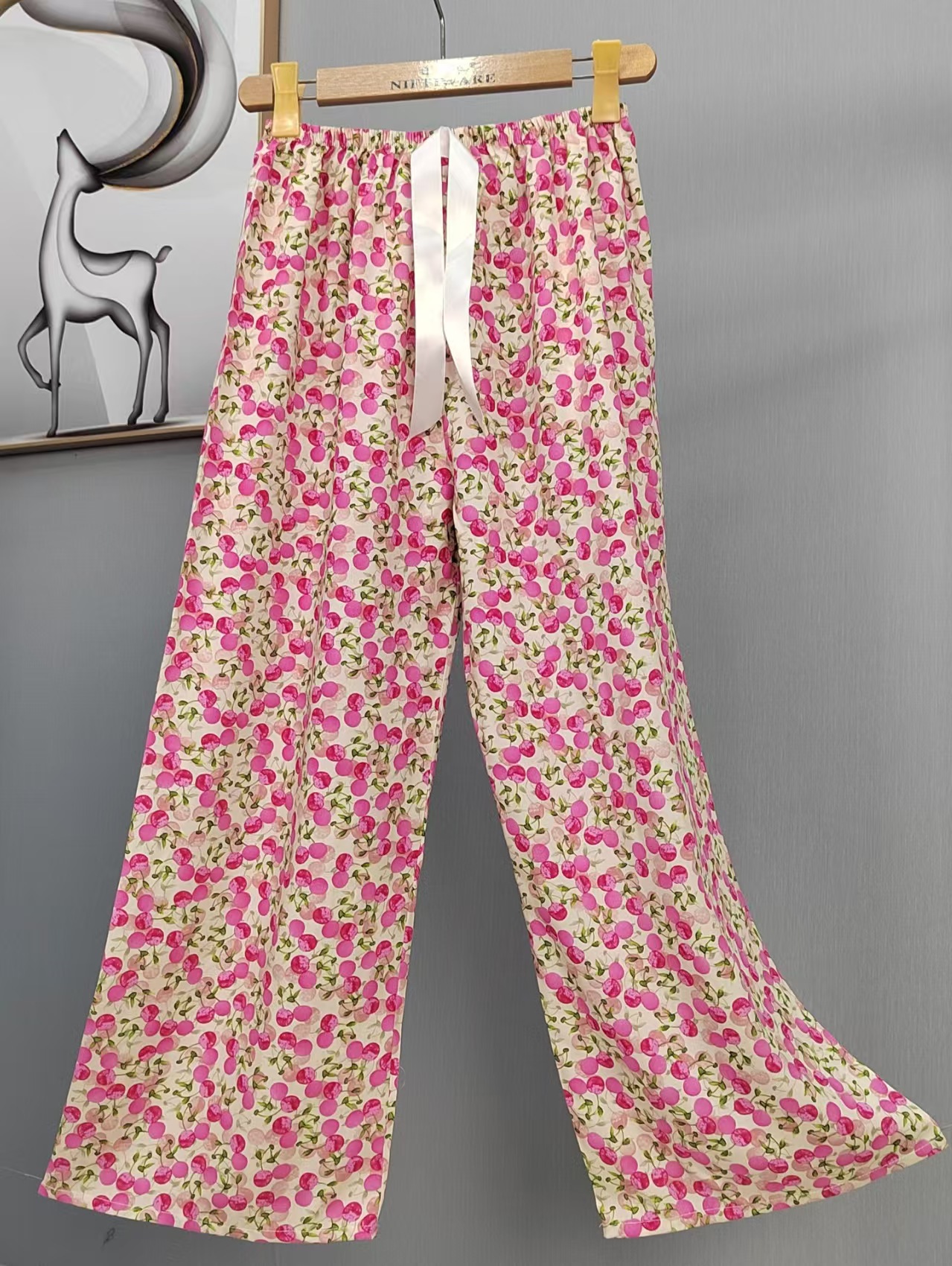 Pijama de seda de algodón para mujer, pantalones anchos de mujer embarazada de seda de algodón con estampado fino de verano