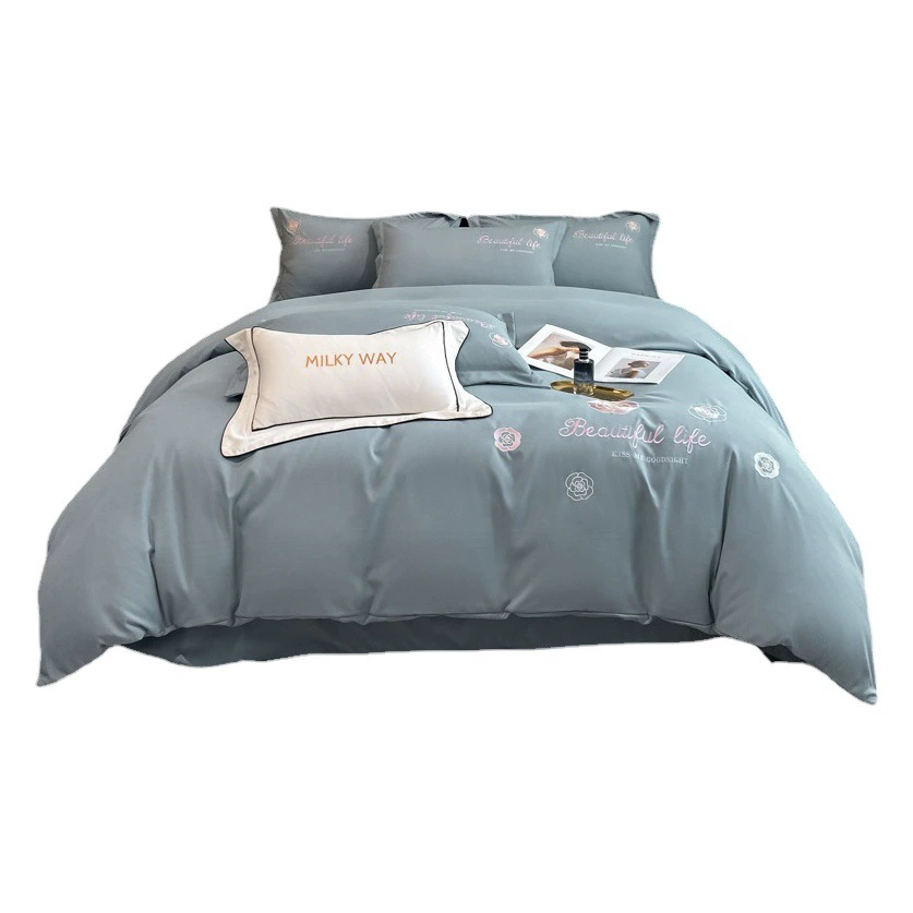 Легкий роскошный комплект из четырех предметов с вышивкой, однотонный утолщенный пододеяльник, европейская простыня, высококачественное постельное белье, четыре сезона, универсальный