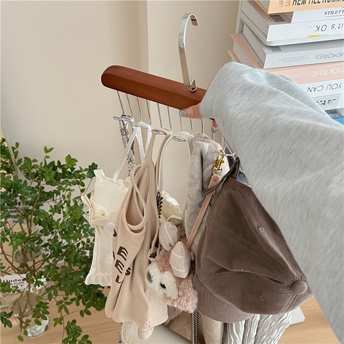 Dormitory clothing store solid wood clothes rack, multi-functional bra and tie hooks, wooden clip hanger wholesale