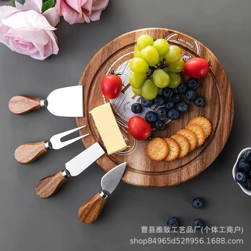 Акация деревянная круглая сырная доска с ножом для кемпинга фруктовая тарелка для засечек деревянная доска для резки сыра