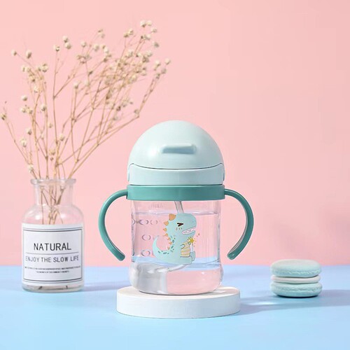Newborn Baby Sippy Cup with Plastic Straw Handle Gravity Ball Cartoon Dinosaur Water Cup for Kids
