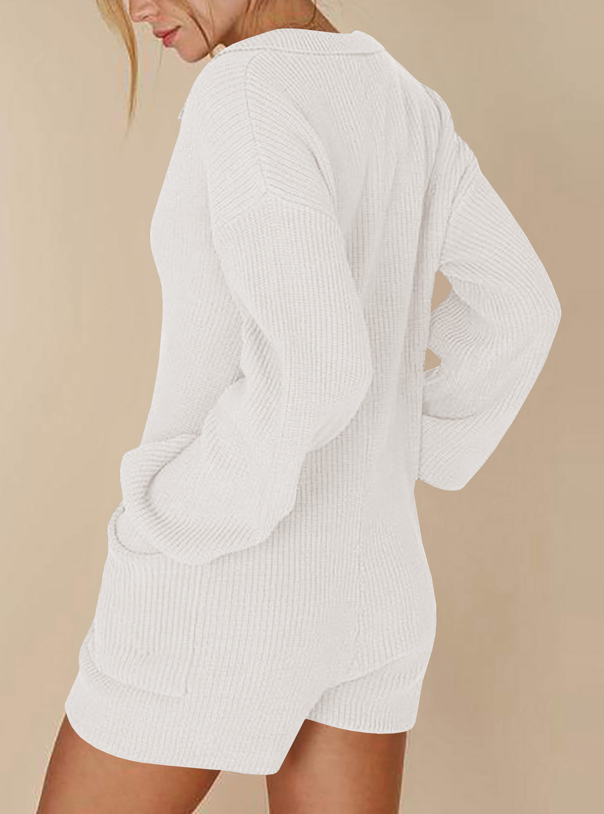 Amazon transfronteriza de las nuevas mujeres de color sólido solapa botón bolsillo mono de manga larga prendas de punto suéter pantalones cortos de las mujeres