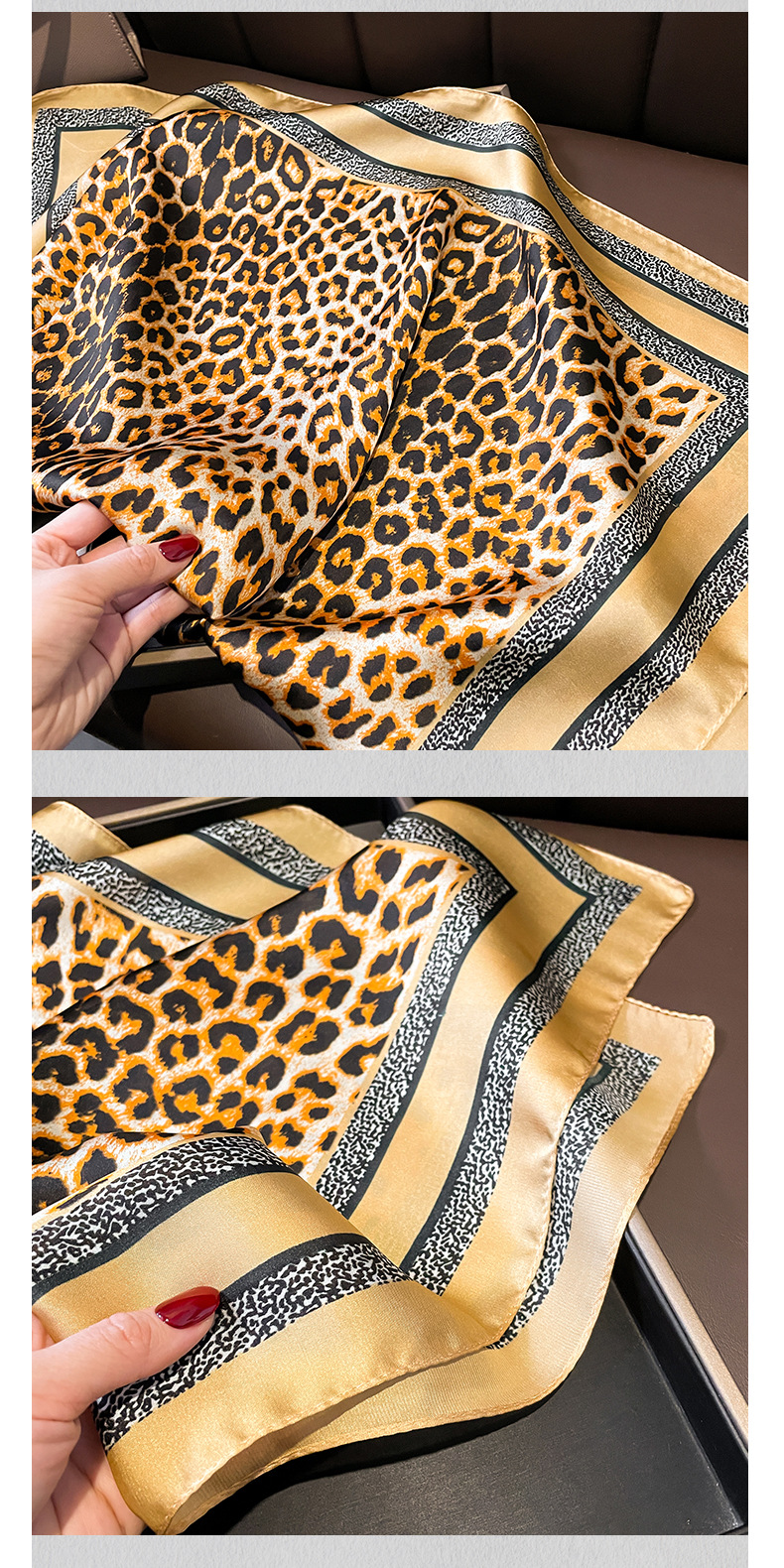 Satin Material Color Block, Leopard Pattern Women's Elegant Business Color Block Leopard Satin Printing Silk Scarf