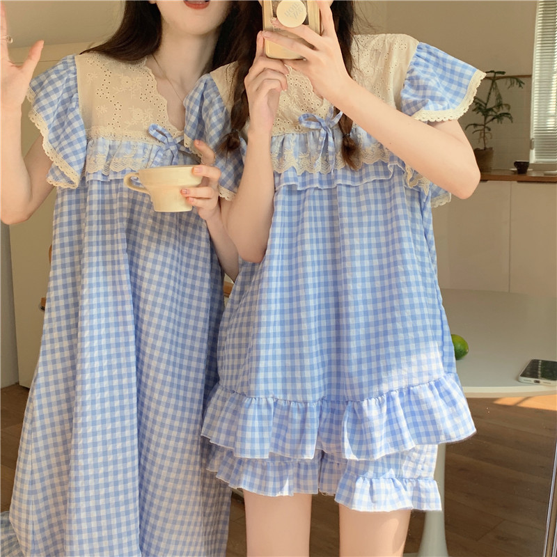Verano ins Corea del Sur comercio exterior de las mujeres Plaid encaje dulce princesa bordado pesado encaje Home wear traje camisón