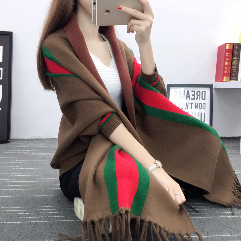 Autumn and winter shawl dual-purpose Cape cardigan 2022 new women's clothing long loose sweater striped tassel sweater