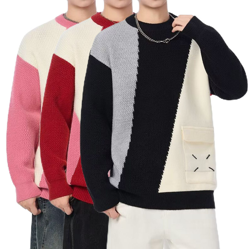 Explosiones transfronterizas de tamaño europeo tamaño grande color contrastante junta camiseta de punto suéter hombre cuello redondo alta fábrica de camiseta de otoño y invierno al por mayor