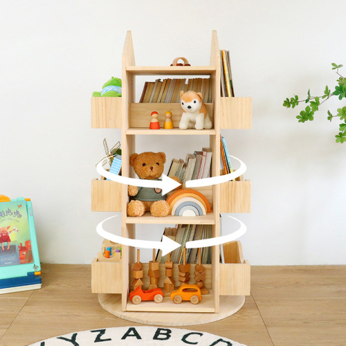 Child Rotating Bookshelf 360 Degrees Bookcase, Moveable Solid Wood Eco-Friendly Student Book Picture Book Storage Rack