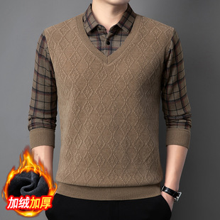 Foreign Trade fleece-lined Top Winter Men's Sweater Fake Two-piece Thickened Middle-aged and Old Dad's Wear Lap Knitwear Warm