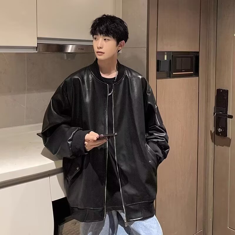 Workwear Leather Jacket Men's Korean Style Street Puffy Handsome PU Leather Jacket Spring and Autumn Trendy Brand Loose Design Sense Black Top