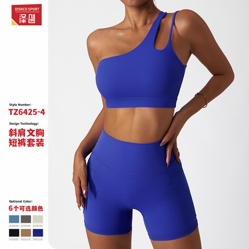 Zechuang breathable cloud-sensing quick-drying tight-fitting yoga wear pocket running sports suit oblique one-shoulder naked fitness suit
