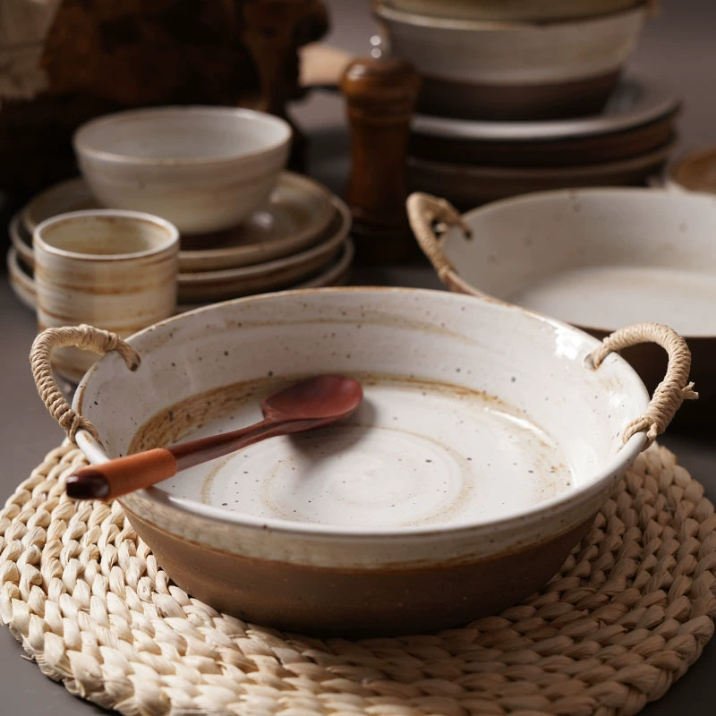Japanese‑style ceramic dish set, hemp‑rope double‑ear bowls and trays, rustic glazed 18.2×10.1 cm