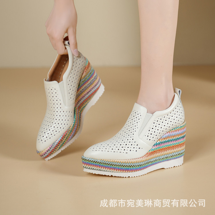 Rainbow Wedge Hollow-Out High-Heeled Genuine Leather Women's Shoes with 10cm Thick Waterproof Platform, Slip-On Breathable Perforated Platform Shoes Rainbow Wedge Hollow-Out High-Heeled Genuine Leather Women's Shoes with 10cm Thick Waterproof Platform, Slip-On Breathable Perforated Platform Shoes