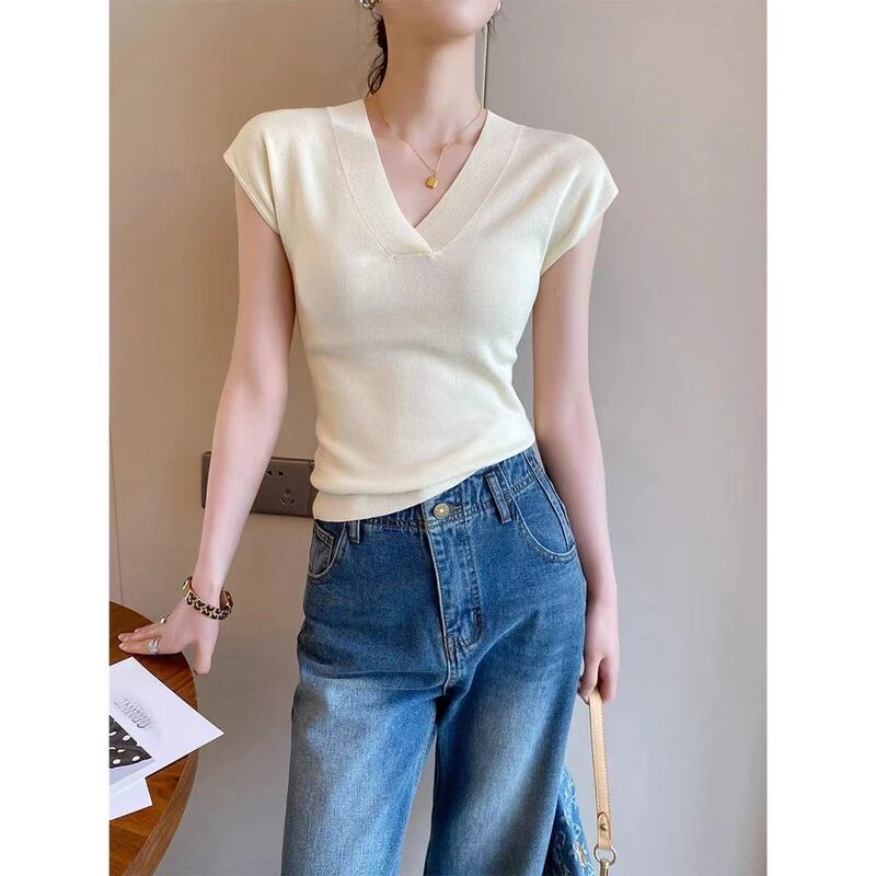 Feifei sleeve sweater women's thin summer V-neck fashionable temperament short sleeve summer new slim top bottoming shirt