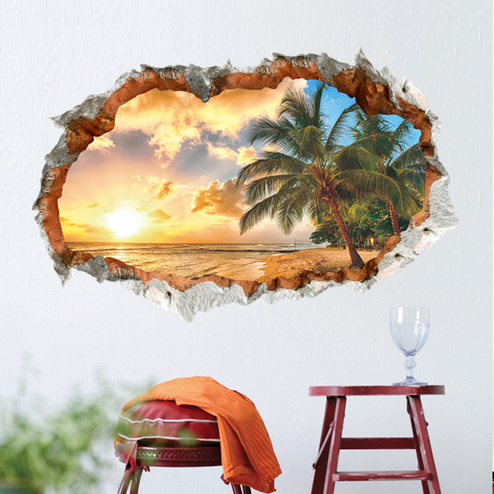 Landscape Beach Sunset Coconut Tree Wall Sticker 3d Decor_voghion.com