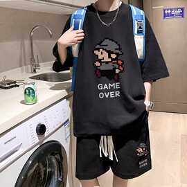 夏季宽松大码短裤短袖一套搭配帅气华夫格青少年休闲大码运动套装