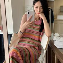 彩色条纹镂空针织无袖背心连衣裙女夏慵懒风海边度假开叉沙滩长裙