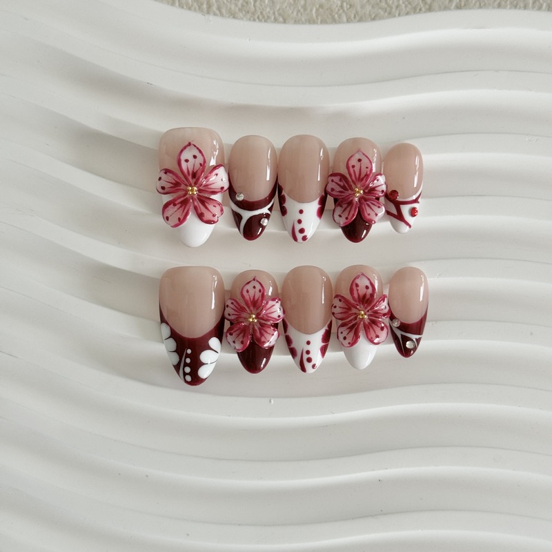 New Style Almond-Shaped French-Style Gradient Floral Burgundy Overseas Handmade Wearable Nails, Overseas Instagram-Quality Wearable Nails