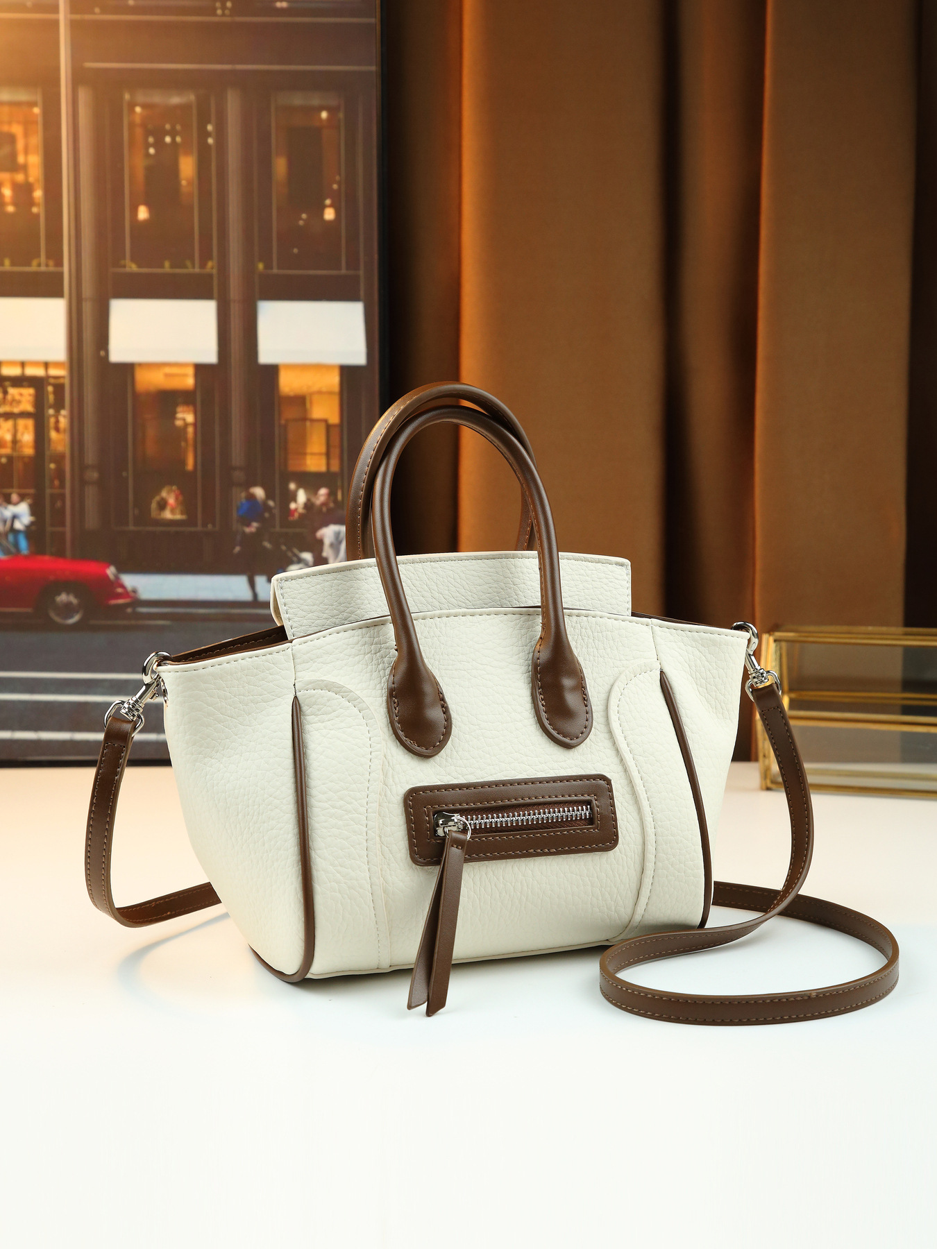 Women's Retro Colour Block Smiley Face Large Pu Leather Tote Bag_voghion.com