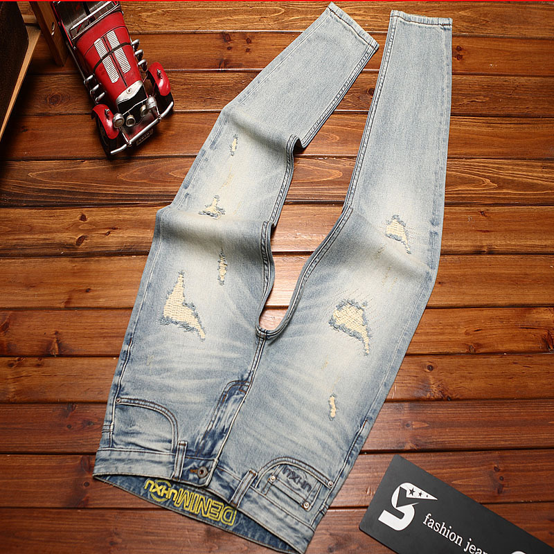 Kişi cırıq cins şalvar, slim fit, yuyulmuş retro üslub