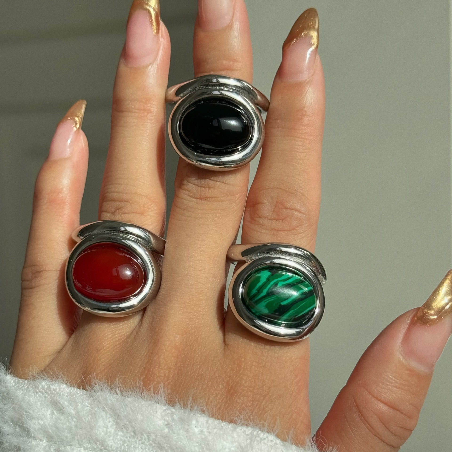 304 Stainless Steel, Titanium Steel Material Retro Geometric Titanium Steel Inlay Natural Stone Rings