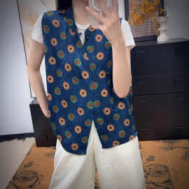 真丝薯莨红云纱靛蓝撞色马甲复古新中式国风改良对襟盘扣唐装小衫