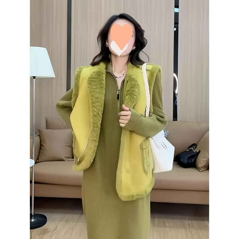 빈티지 게으른 스타일 지퍼 높은 목 니트 원피스 여성용 가을 및 겨울 코트 내부 미디베이스 스웨터 원피스