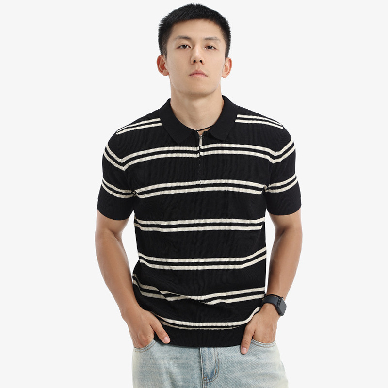 Camisas de polo de manga corta de vello de estilo de verano, camisetas de hielo con media cremallera a rayas, fábrica transfronteriza al por mayor