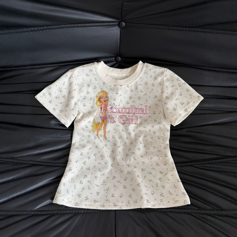 Barbie Doll Floral Print Short-Sleeve T-Shirt for Women, Summer High Street Slim-Fit Design Short Top