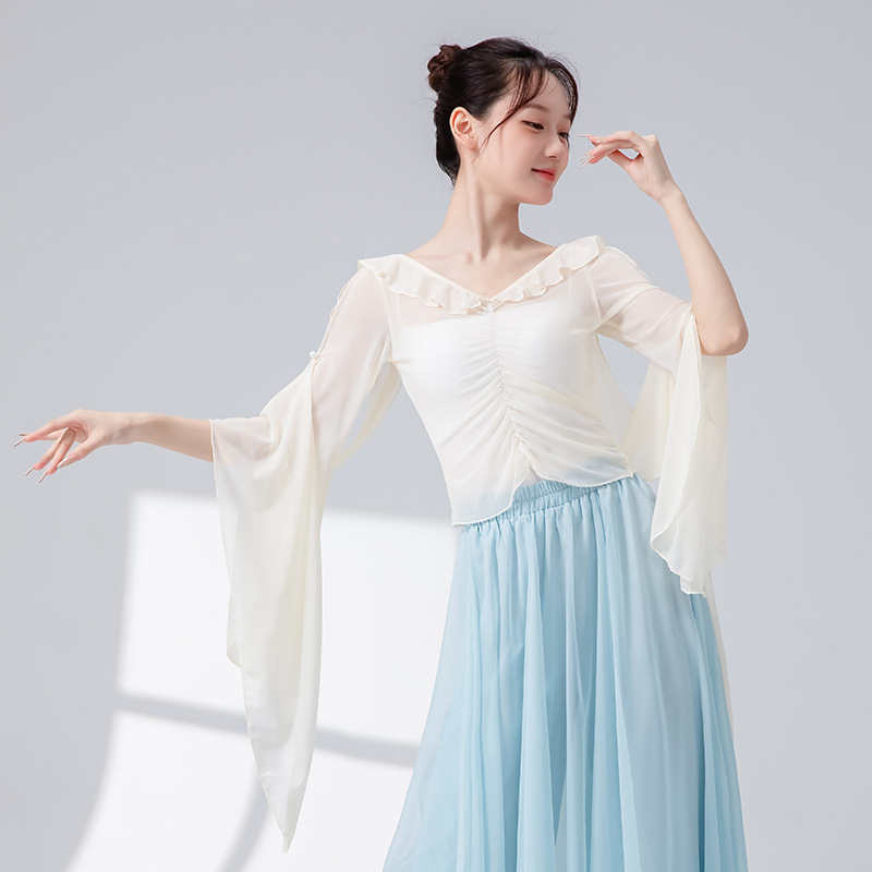 女性用クラシックダンス練習服、メッシュリボン、フリル、新しいスプライシングパフォーマンス服、トップス、エレガントな中国舞踊服|undefined