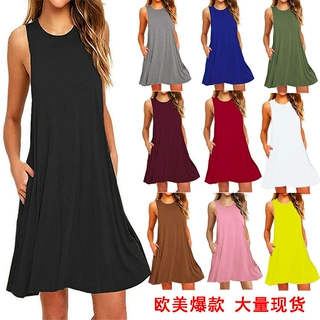 跨境shopee欧美夏季时尚无袖口袋背心wish爆款ebay纯色连衣裙女装