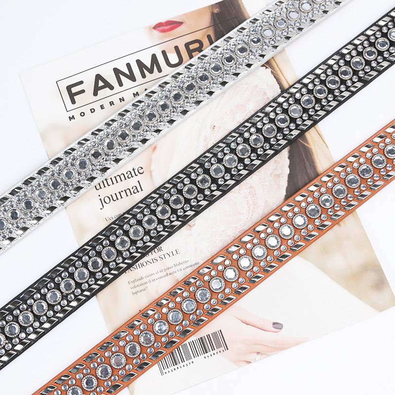Transfronterizo europeo y americano hombres y mujeres cinturón con agujero de aire jeans moda cinturón remache rhinestone con incrustaciones de cintura ancha