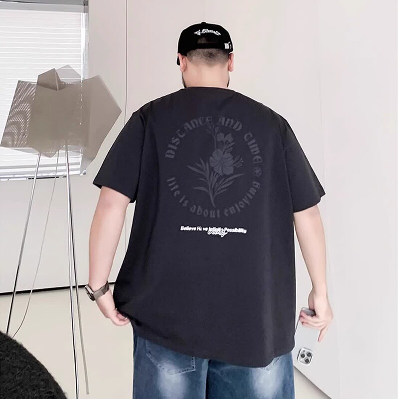 Trendy Brand plus size Men's Summer Loose Casual Trendy Printed Fat Casual Half-Sleeved Cotton Round Neck Short-sleeved T-shirt