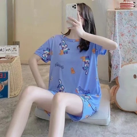 女性用夏の半袖パジャマ、キュートで甘い漫画の半袖プラスサイズのレディースレターガールホームウェア薄手のスーツ|undefined
