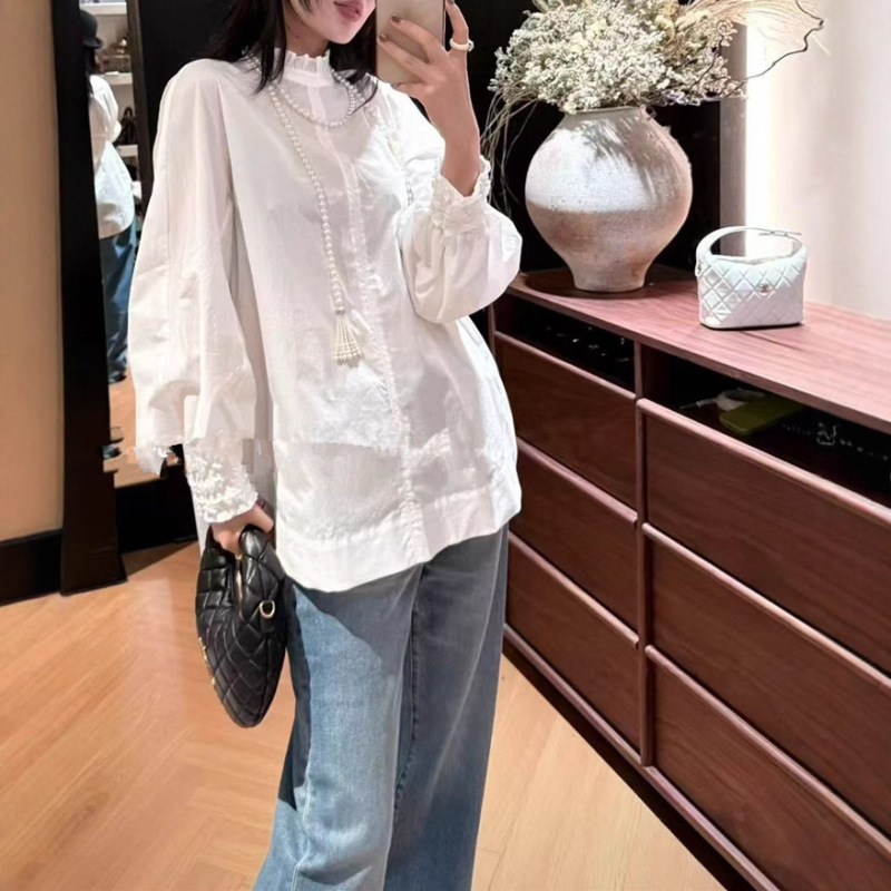2025秋款百搭棉白衬衫设计感花瓣立领和花边袖减龄小衫长袖不退换|undefined