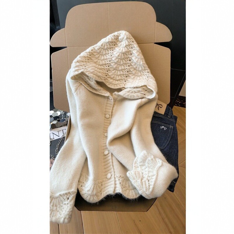 Trendy popular hooded hollow-out knit sweater for women, spring and autumn, loose and casual style, long-sleeved top with loop yarn Trendy popular hooded hollow-out knit sweater for women, spring and autumn, loose and casual style, long-sleeved top with loop yarn
