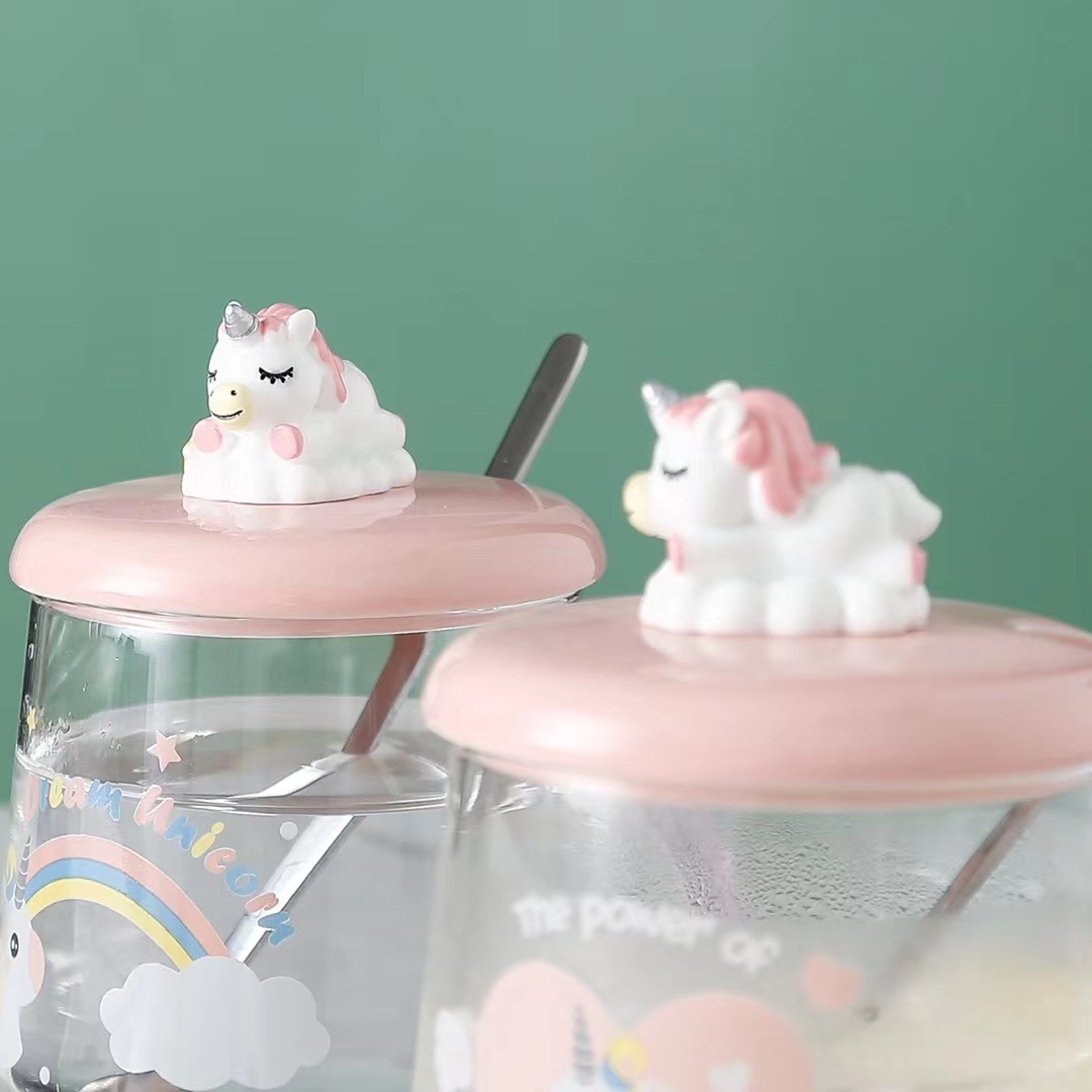 Personalidad creativa de dibujos animados unicornio regalo taza de vidrio transparente con tapa cuchara taza de café estilo coreano taza para beber